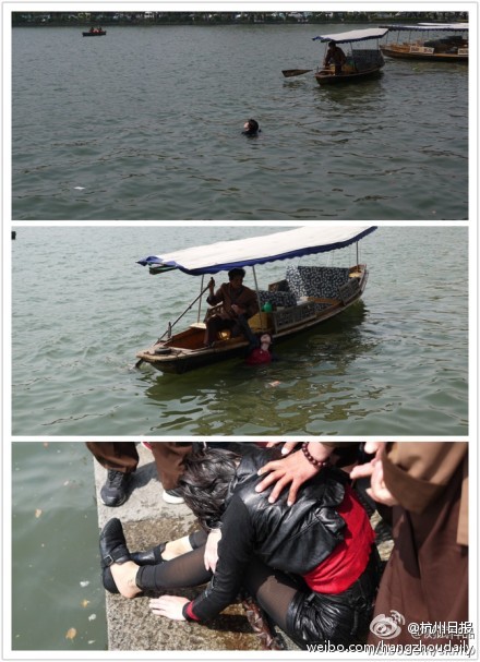 原创 杭州 少年宫 自划船 码头 有人 跳西湖 已被 船工 捞起