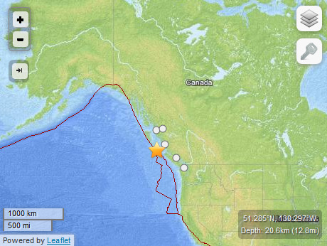 加拿大西部地区发生5.9级地震震源深度20.6公里