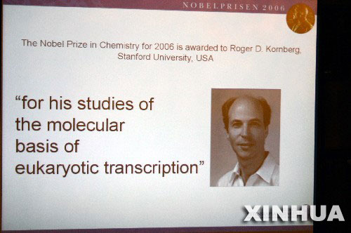 10月4日，瑞典皇家科学院宣布，美国科学家罗杰·科恩伯格因在“真核转录的分子基础”研究领域所作出的贡献而独自获得2006年诺贝尔化学奖。科恩伯格现年59岁，目前供职于美国斯坦福大学医学院，他将获得1000万瑞典克朗（约合140万美元）的奖金。这是在宣布仪式上的科伯恩格投影照片。     新华社记者马世骏摄 