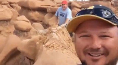 美国犹他州三名男子在犹他州魔怪谷州立公园推倒2亿年历史的巨石，并拍下录像上传网络。