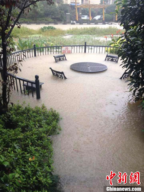图为宁波内涝严重，多处积水，一小区广场被淹。林波 摄